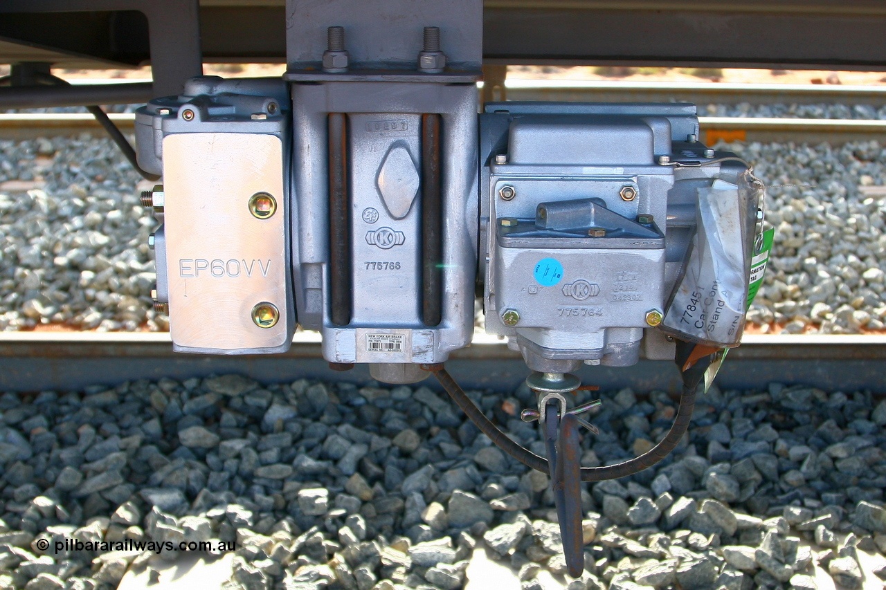 080116 1384
Chapman Siding, view of the New York Air Brake module, on the left is the EP60VV vent valve, then the CCD waggon control device and then the manual release.
Keywords: NYAB;