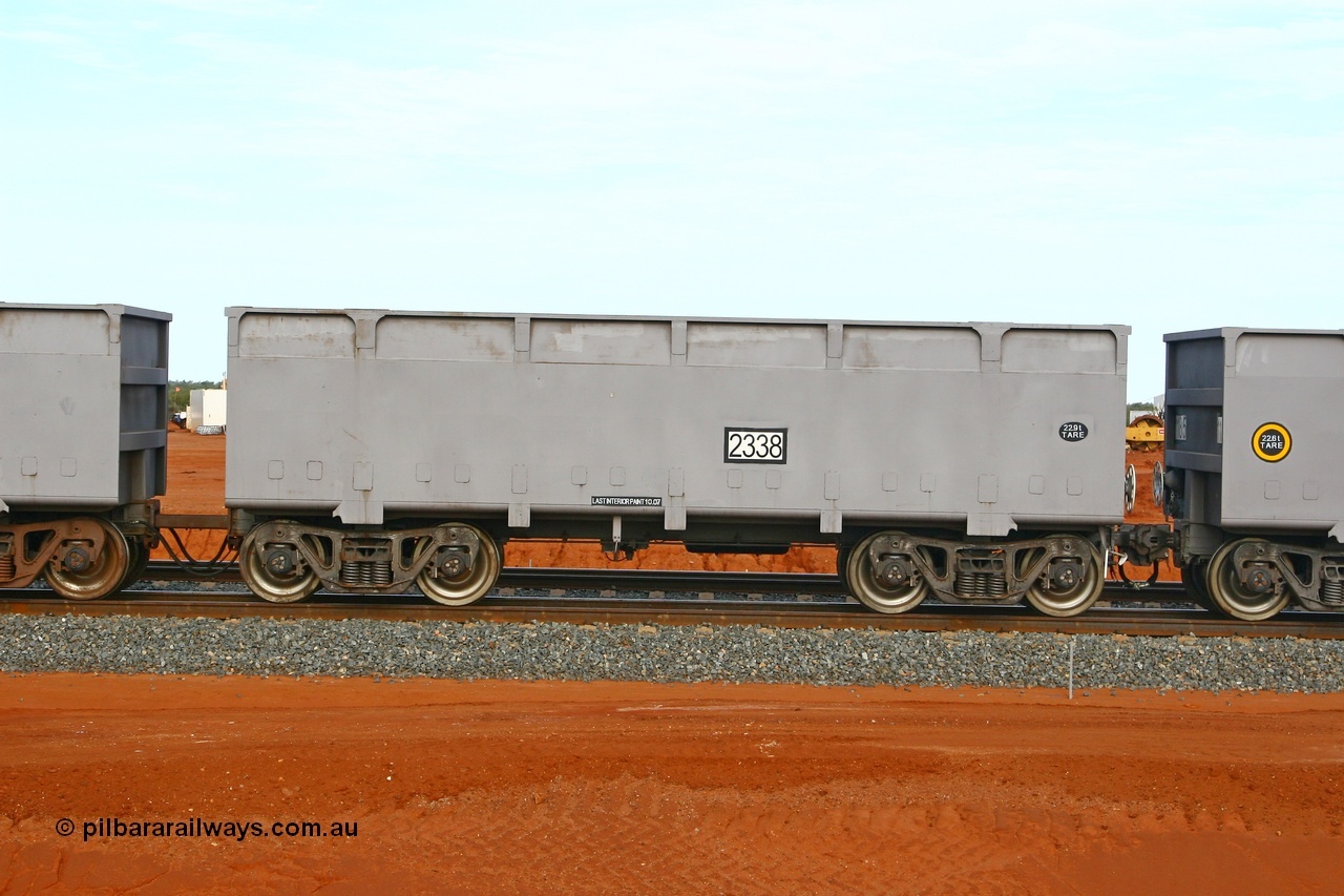 080304 2183
Thomas Yard, down the rail welding end, side view of control waggon 2338, built by China Southern or CSR at their Zhuzhou Rolling Stock Works in China in 2007. 4th March 2008.
Keywords: 2338;CSR-Zhuzhou-Rolling-Stock-Works-China;FMG-ore-waggon;