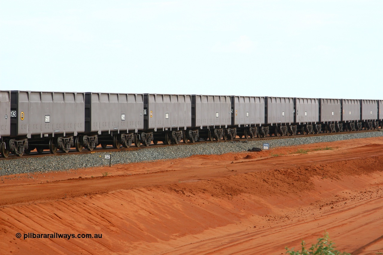 080304 2202
Thomas Yard, 21 km post looking north, long rake of waggons being run up and down the mainline to keep the wheels turning. 4th March 2008.
Keywords: FMG-ore-waggon;