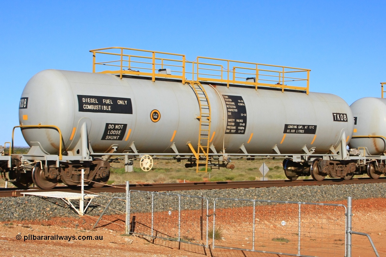 110620 2278
Chapman, FMG TK type fuel tank waggon TK 08 built by China Southern CSR at their Zhuzhou Rolling Stock Works plant in China in 2008 as part of an order for twelve tanks, is on the loaded fuel train to Cloud Break. 20th June 2011.
Keywords: TK08;TK-type;CSR-Zhuzhou-Rolling-Stock-Works-China;FMG-tank-waggon;