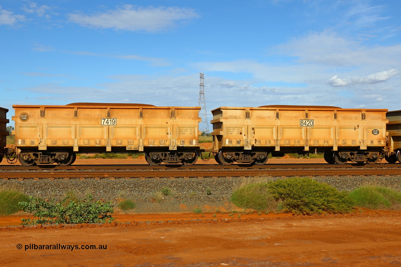 200412 5554
Boodarie, part of an FMG loaded train arriving at the port CNR (China Northern) QRRS (Qiqihar Rolling Stock Works) built waggon pair 7419 slave waggon and 8420 control waggon, with both waggons tared at 23.9 tonnes, the yellow circle on 7419 indicates the rotary coupler end. 12th April 2020.
Keywords: 7419-8420;CNR-QRRS-China;FMG-ore-waggon