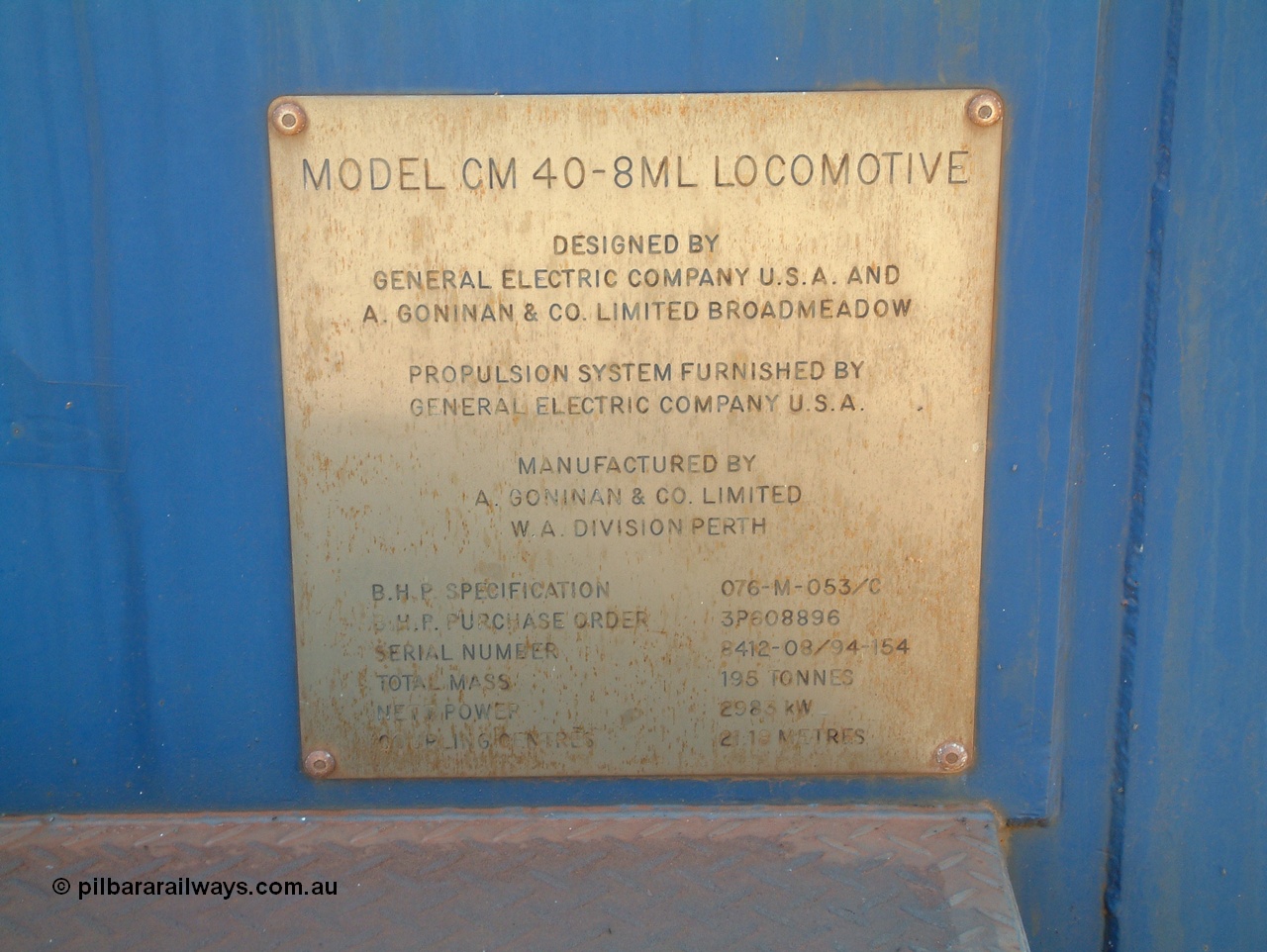 041014 122446
Pilbara Railways Historical Society, the builders plate from Goninan WA rebuild CM40-8ML unit 5663 Newcastle, one of three units built without a driving cab in 1994 but with a Locotrol equipment cabinet to do away with the Locotrol waggons that were in use at the time. Donated to the Society around 1998? 14th October 2004.
Keywords: 5663;Goninan;GE;CM40-8ML;8412-08/94-154;rebuild;AE-Goodwin;ALCo;M636C;5476;G6047-8;