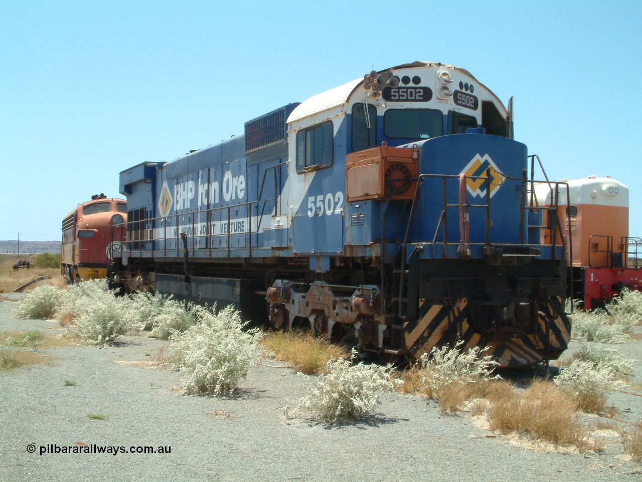 041014 122536
Pilbara Railways Historical Society museum, Australian built by Comeng NSW an MLW ALCo M636 unit formerly owned by Mt Newman Mining and BHP Iron Ore 5502 serial number C6096-7 built in July 1976, retired in 1994, donated to the Society in November 1995. 14th October 2004.
Keywords: 5502;Comeng-NSW;MLW;ALCo;M636;C6096-7;