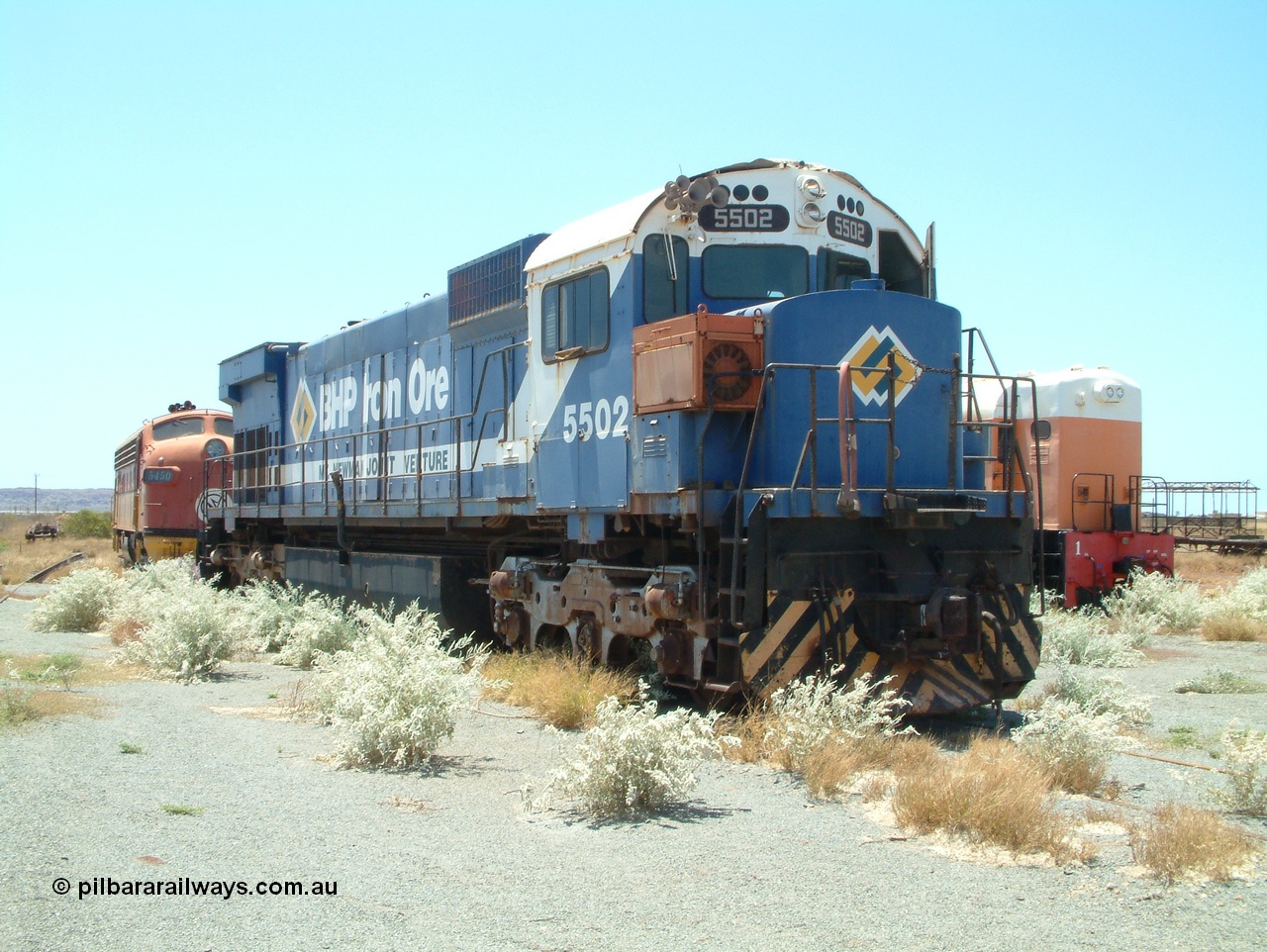 041014 122542
Pilbara Railways Historical Society museum, Australian built by Comeng NSW an MLW ALCo M636 unit formerly owned by Mt Newman Mining and BHP Iron Ore 5502 serial number C6096-7 built in July 1976, retired in 1994, donated to the Society in November 1995. 14th October 2004.
Keywords: 5502;Comeng-NSW;MLW;ALCo;M636;C6096-7;