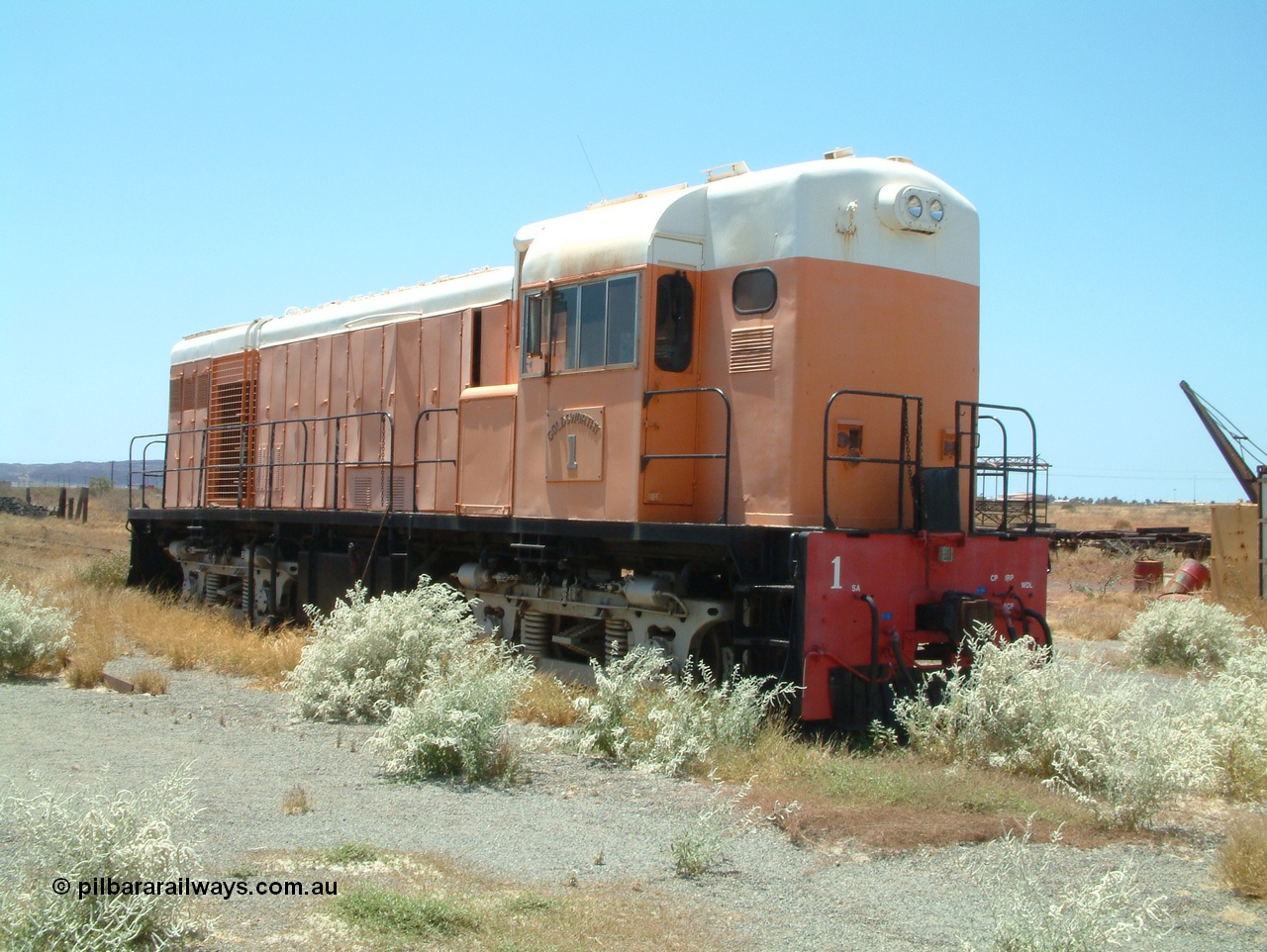 041014 122600
Pilbara Railways Historical Society, Goldsworthy Mining Ltd B class unit 1, an English Electric built ST95B model, originally built in 1965 serial A-104, due to accident damage rebuilt on new frame with serial A-232 in 1970. These units of Bo-Bo design with a 6CSRKT 640 kW prime mover and built at the Rocklea Qld plant. Donated to Society in 1995. 14th October 2004.
Keywords: B-class;English-Electric-Qld;ST95B;A-104;A-232;GML;Goldsworthy-Mining;