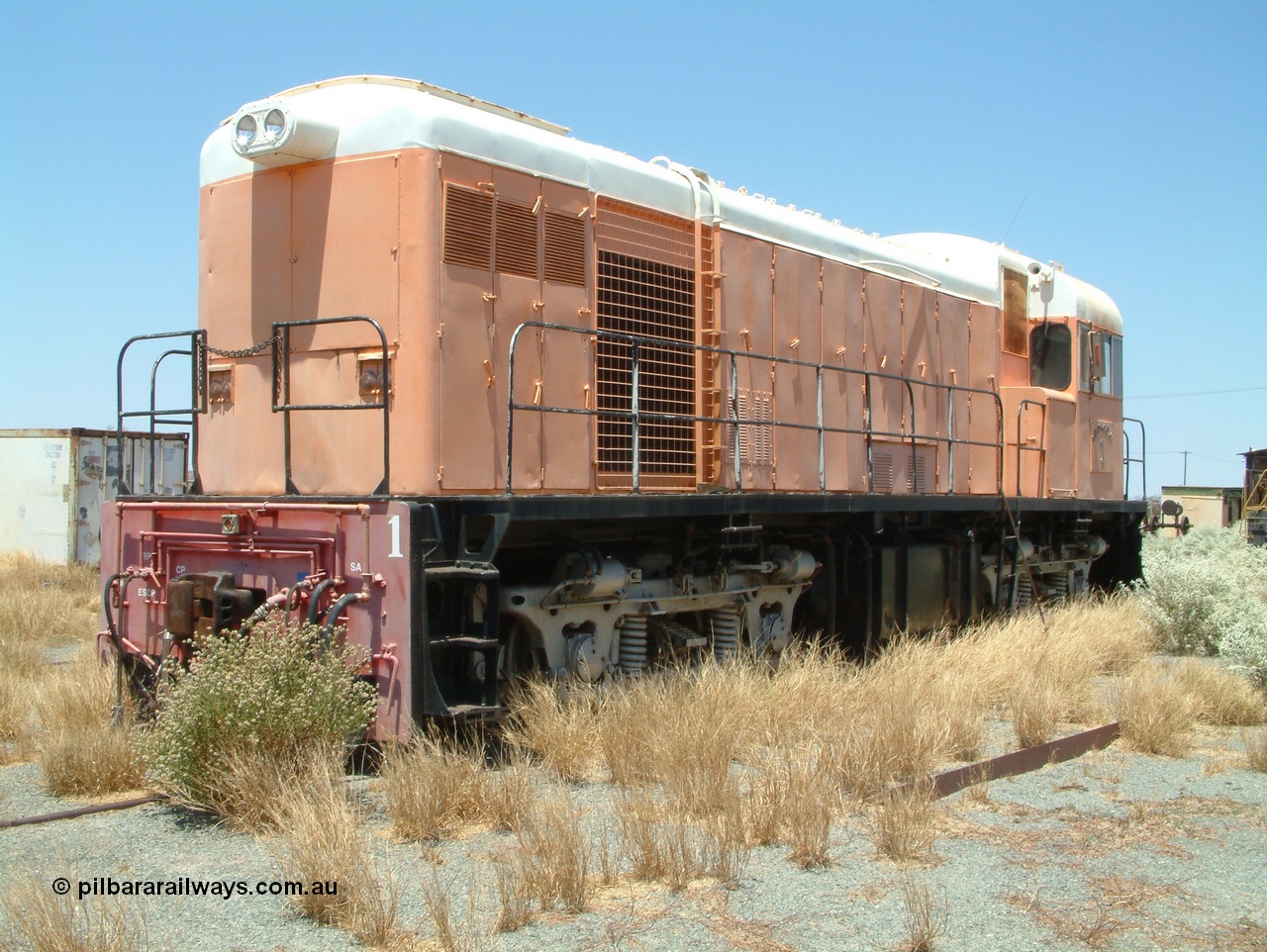 041014 122626
Pilbara Railways Historical Society, Goldsworthy Mining Ltd B class unit 1, an English Electric built ST95B model, originally built in 1965 serial A-104, due to accident damage rebuilt on new frame with serial A-232 in 1970. These units of Bo-Bo design with a 6CSRKT 640 kW prime mover and built at the Rocklea Qld plant. Donated to Society in 1995. 14th October 2004.
Keywords: B-class;English-Electric-Qld;ST95B;A-104;A-232;GML;Goldsworthy-Mining;