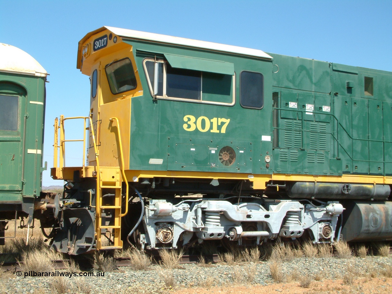 041014 142110
Pilbara Railways Historical Society, Comeng WA ALCo rebuild C636R locomotive 3017 serial WA-135-C-6043-04. The improved Pilbara cab was fitted as part of the rebuild in April 1985. Donated to Society in 1996. 14th October 2004.
Keywords: 3017;Comeng-WA;ALCo;C636R;WA-135-C-6043-04;rebuild;