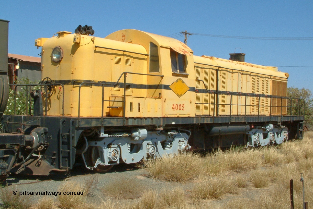 041014 142544
Pilbara Railways Historical Society museum, former Cliffs Robe River Iron Associates RSC-3 model ALCo locomotive built by Montreal Locomotive Works (MLW) in 1951 for NSWGR as the 40 class 4002 serial 77733, purchased by CRRIA in 1971 and numbered 261.002, then 1705 and finally 9405. 4002 is preserved in an operational state and another claim to fame is it run the Royal Train in NSW February 1954. Donated to the Society in 1979. 14th October 2004.
Keywords: 4002;MLW;ALCo;RSC3;77733;9405;40-class;