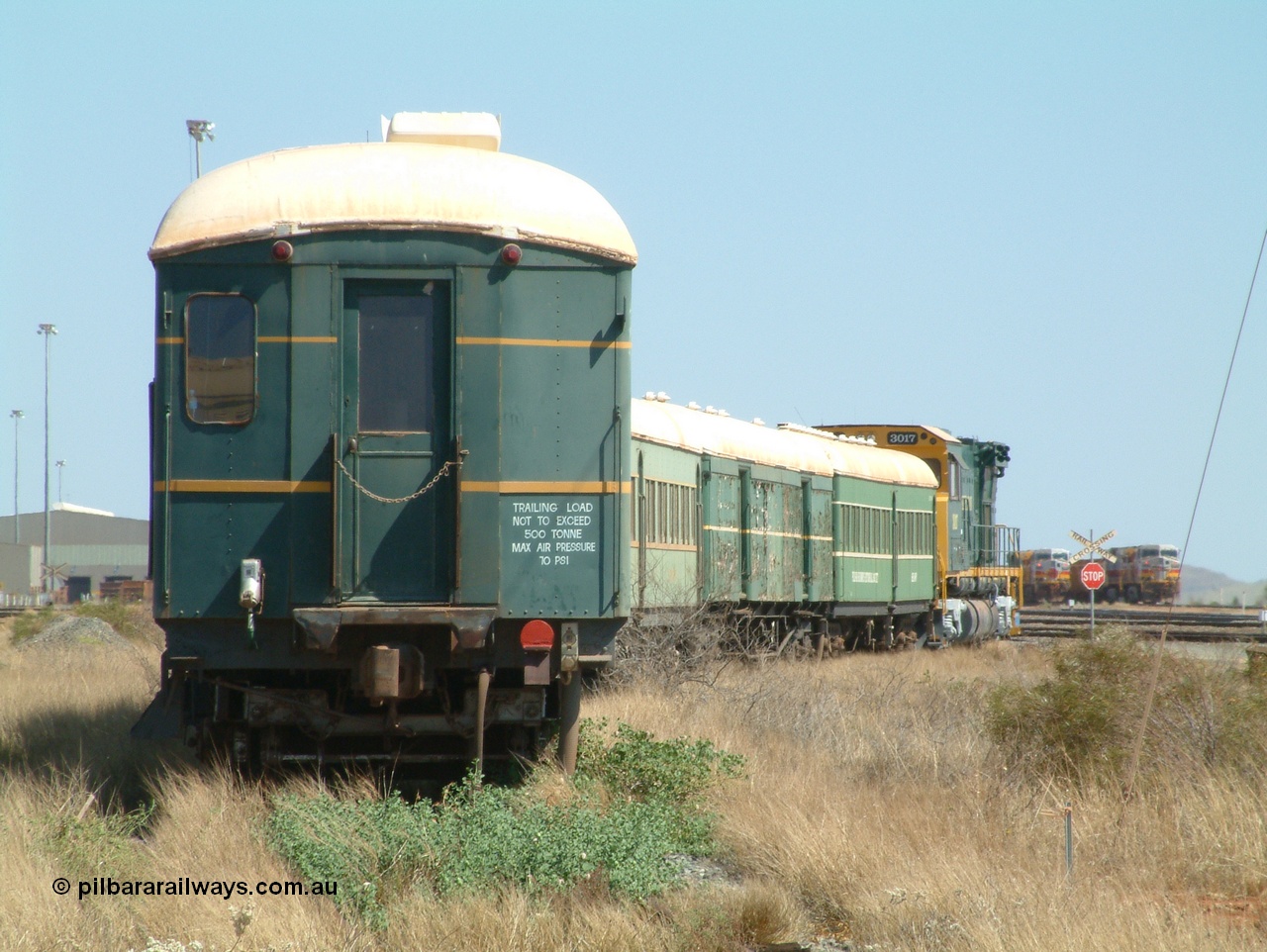 041014 142558
Pilbara Railways Historical Society, view along the passenger carriages, closest is the 'Conference Car' with SV 4 still visible, originally built by Clyde Engineering at Granville NSW in 1935 for the NSWGR as a second class railway carriage FS type FS 2010. In 1975 it was purchased by Hamersley Iron and converted to an inspection vehicle SV 4. When donated to the Society it was repurposed as a conference car. 14th October 2004.
Keywords: FS2010;FS-type;Clyde-Engineering-Granville-NSW;