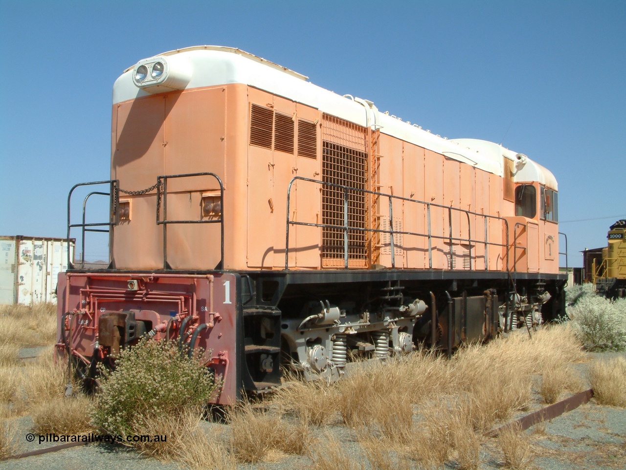 041014 142804
Pilbara Railways Historical Society, Goldsworthy Mining Ltd B class unit 1, an English Electric built ST95B model, originally built in 1965 serial A-104, due to accident damage rebuilt on new frame with serial A-232 in 1970. These units of Bo-Bo design with a 6CSRKT 640 kW prime mover and built at the Rocklea Qld plant. Donated to Society in 1995. 14th October 2004.
Keywords: B-class;English-Electric-Qld;ST95B;A-104;A-232;GML;Goldsworthy-Mining;