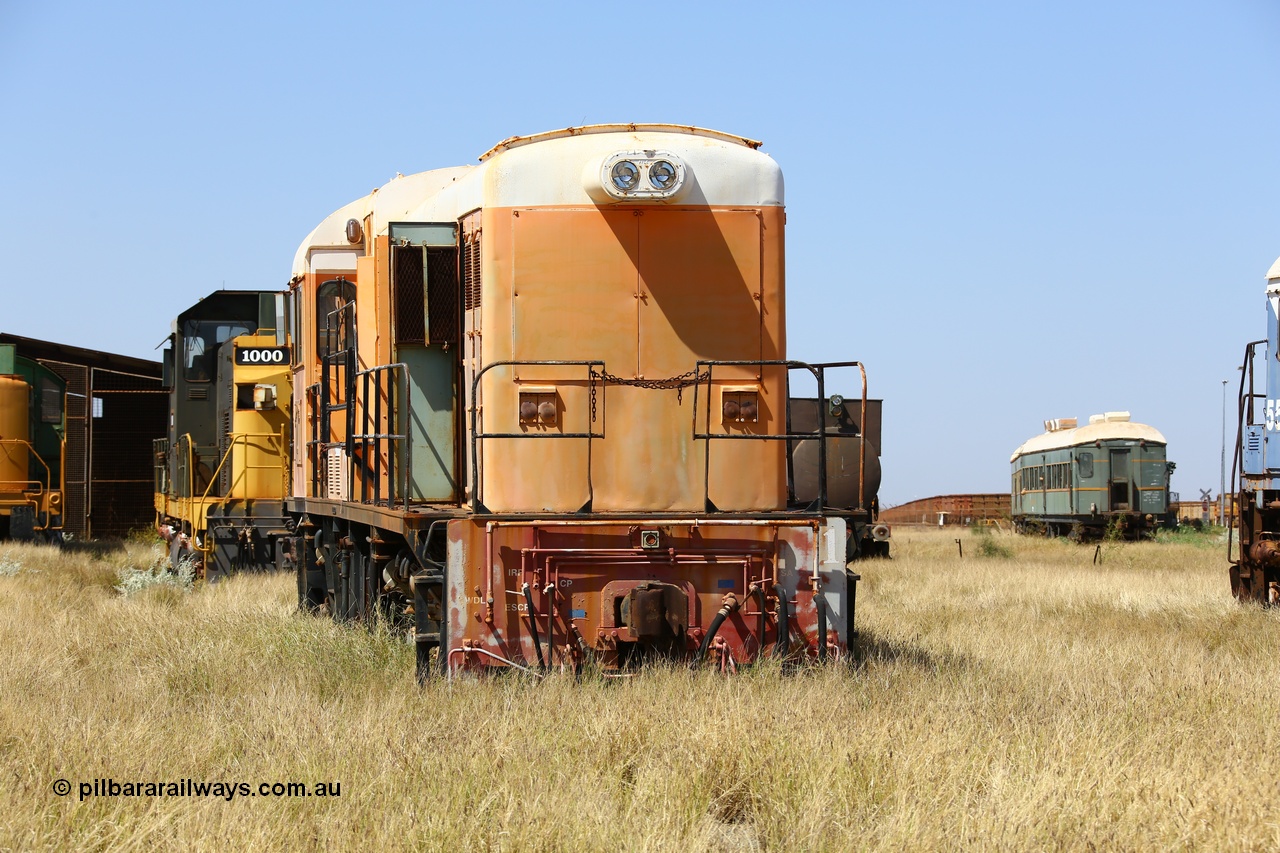 200914 7758
Pilbara Railways Historical Society, Goldsworthy Mining Ltd B class unit 1, an English Electric built ST95B model, originally built in 1965 serial A-104, due to accident damage rebuilt on new frame with serial A-232 in 1970. These units of Bo-Bo design with a 6CSRKT 640 kW prime mover and built at the Rocklea Qld plant. Donated to Society in 1995. 14th September 2020.
Keywords: B-class;English-Electric-Qld;ST95B;A-104;A-232;GML;Goldsworthy-Mining;
