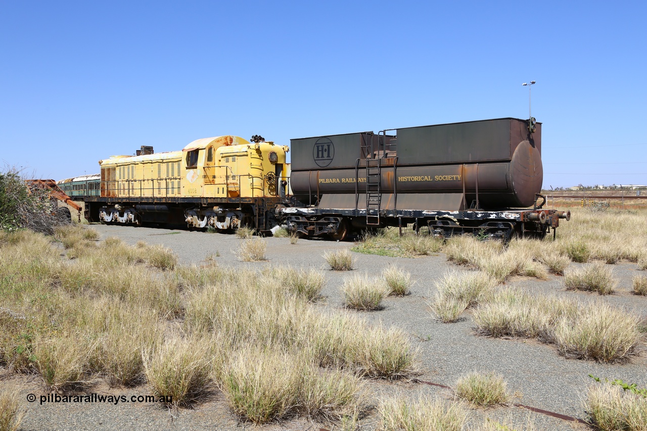 200914 7777
Pilbara Railways Historical Society, PWT 1 the water gin waggon used with the steam locomotive Pendennis Castle, this waggon had a proportional valve fitted to control the Westinghouse brake system on the train via the vacuum brake on the Pendennis Castle and former Cliffs Robe River ALCo RSC3 locomotive 4002. 14th September 2020.

