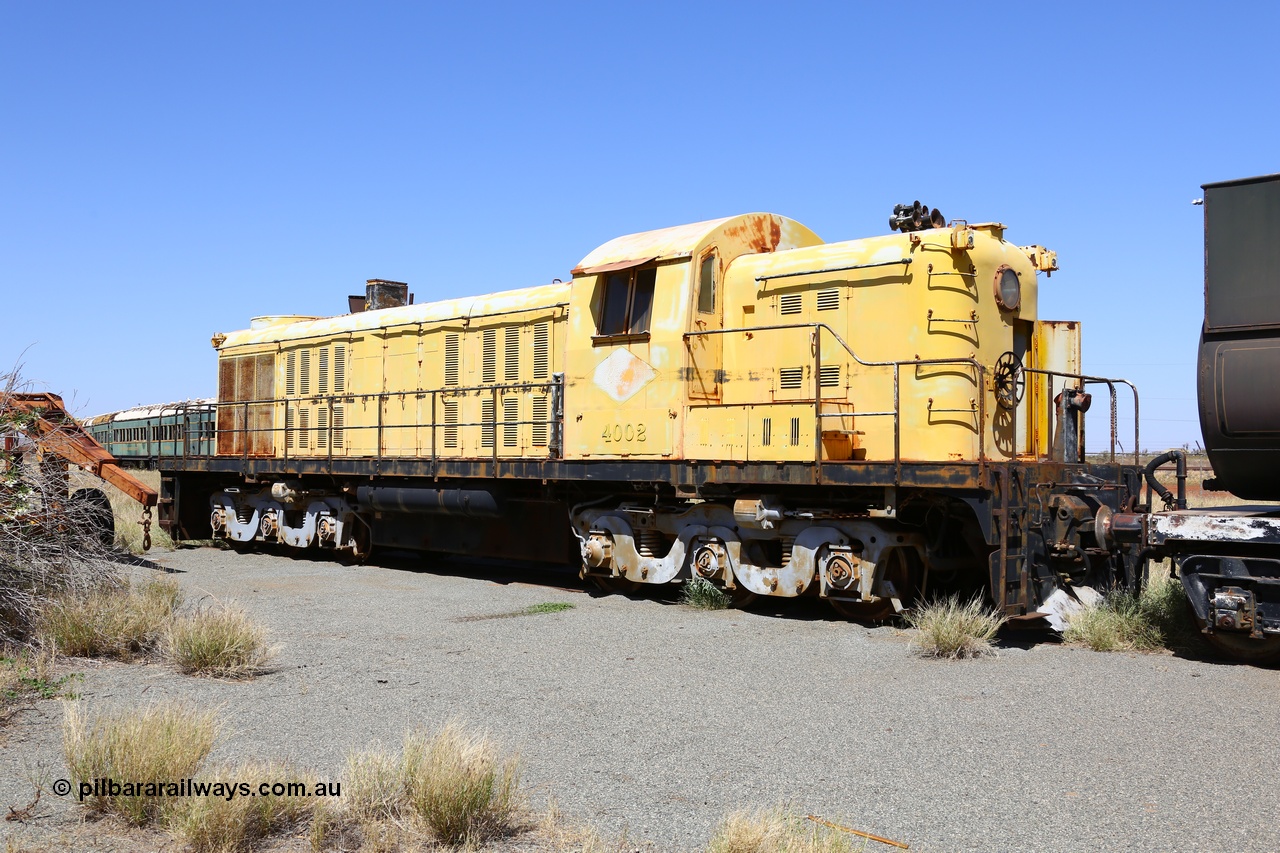 200914 7779
Pilbara Railways Historical Society museum, former Cliffs Robe River Iron Associates RSC-3 model ALCo locomotive built by Montreal Locomotive Works (MLW) in 1951 for NSWGR as the 40 class 4002 serial 77733, purchased by CRRIA in 1971 and numbered 261.002, then 1705 and finally 9405. 4002 is preserved in an operational state and another claim to fame is it run the Royal Train in NSW February 1954. Donated to the Society in 1979. 14th September 2020.
Keywords: 4002;MLW;ALCo;RSC3;77733;9405;40-class;