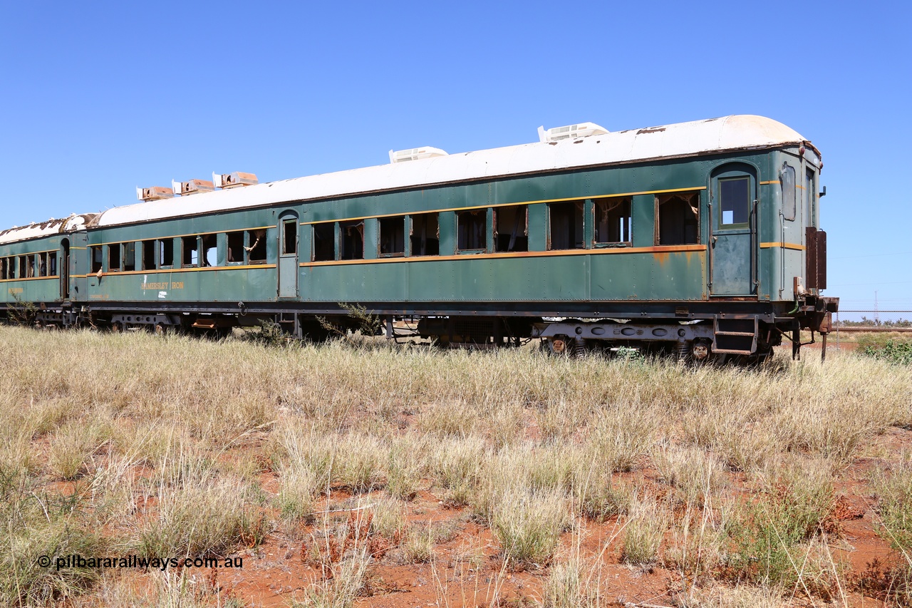 200914 7787
Pilbara Railways Historical Society, passenger carriage 'Conference Car' originally built by Clyde Engineering at Granville NSW in 1935 for the NSWGR as a second class railway carriage FS type FS 2010. In 1975 it was purchased by Hamersley Iron and converted to an inspection vehicle SV 4. When donated to the Society it was repurposed as a conference car. 14th September 2020.
Keywords: FS2010;FS-type;Clyde-Engineering-Granville-NSW;