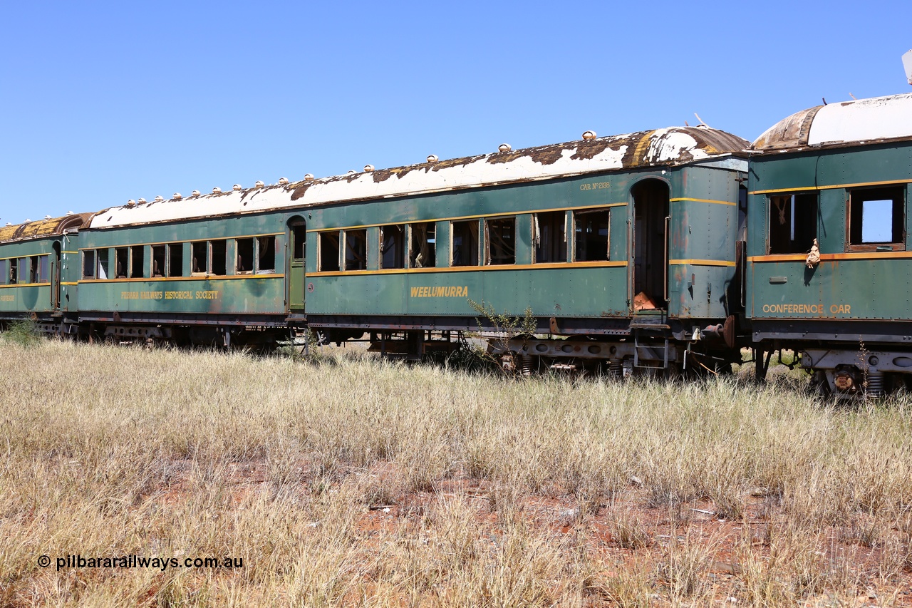 200914 7788
Pilbara Railways Historical Society, passenger carriage 'Weelumurra' was originally built by Clyde Engineering at Granville NSW in 1936 for the NSWGR as a second class railway carriage FS type FS 2138. In 1975 it was purchased by the Society and is named after a local river. 14th September 2020.
Keywords: FS2138;FS-type;Clyde-Engineering-Granville-NSW;