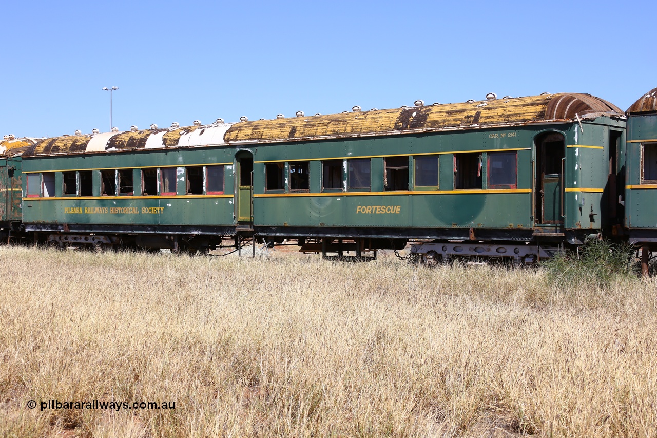 200914 7789
Pilbara Railways Historical Society, passenger carriage 'Fortescue' was originally built by Clyde Engineering at Granville NSW in 1936 for the NSWGR as a second class railway carriage FS type FS 2141. In 1975 it was purchased by the Society and is named after a local river. 14th September 2020.
Keywords: FS2141;FS-type;Clyde-Engineering-Granville-NSW;