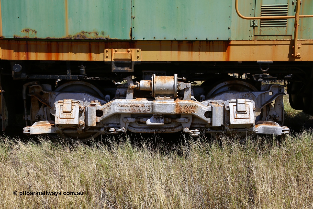 200914 7806
Pilbara Railways Historical Society, view of the bogie under ALCo built locomotive model S-2 serial 69214 built in 1940 for the Spokane, Portland and Seattle as their #21 and retired in 1964 before coming to Australia in September 1965, numbered 007 and called 'Mabel'. Retired in December 1972 and donated to the Society in 1976. 14th September 2020.
Keywords: 007;ALCo;S-2;69214;SP&S;21;