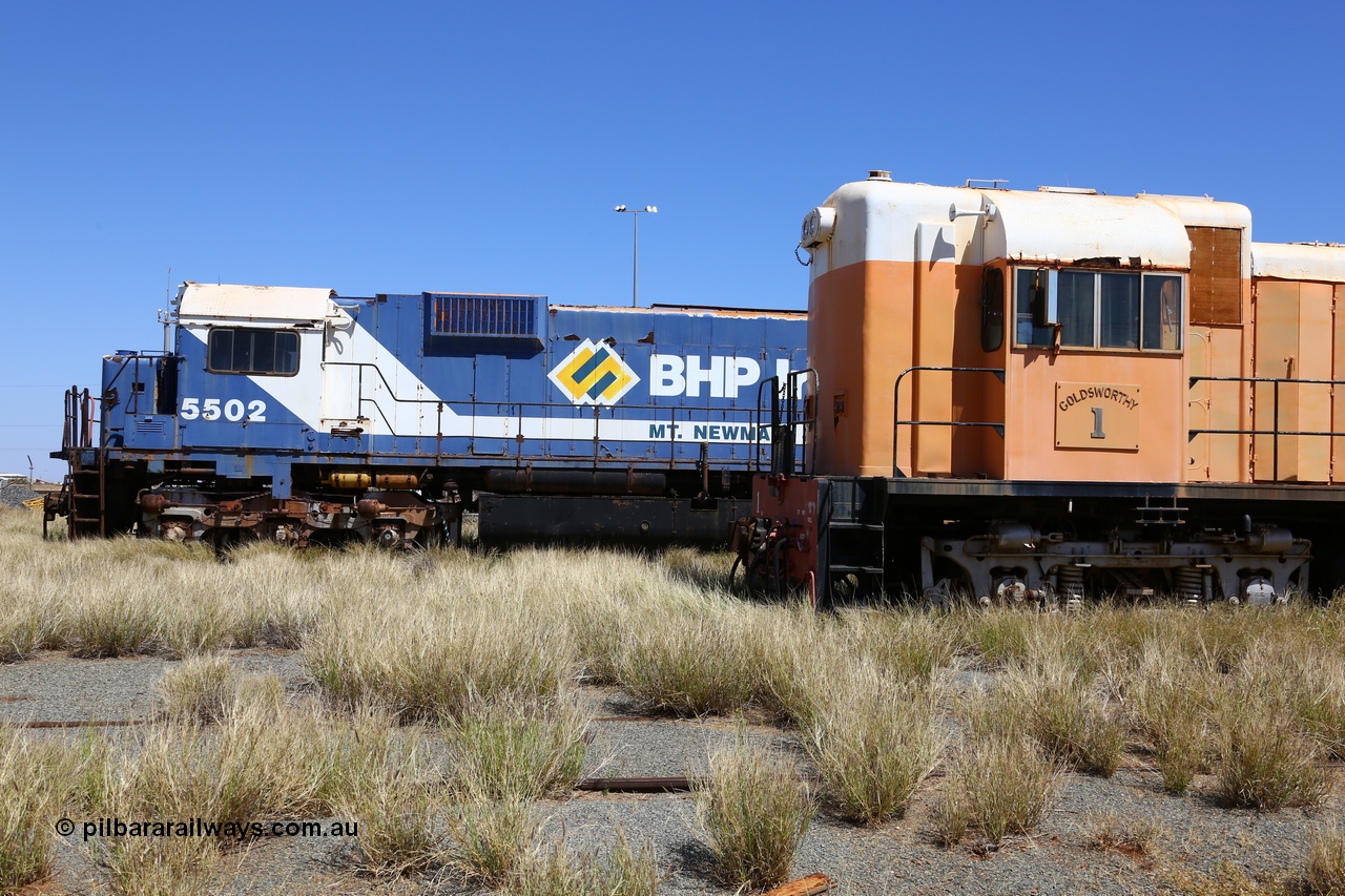 200914 7814
Pilbara Railways Historical Society, cab side views of former Goldsworthy Mining locomotive 1 an English Electric ST95B model built in Qld and former Mt Newman Mining / BHP Iron Ore locomotive 5502 an ALCo M636 model built by Comeng NSW. 14th September 2020.
