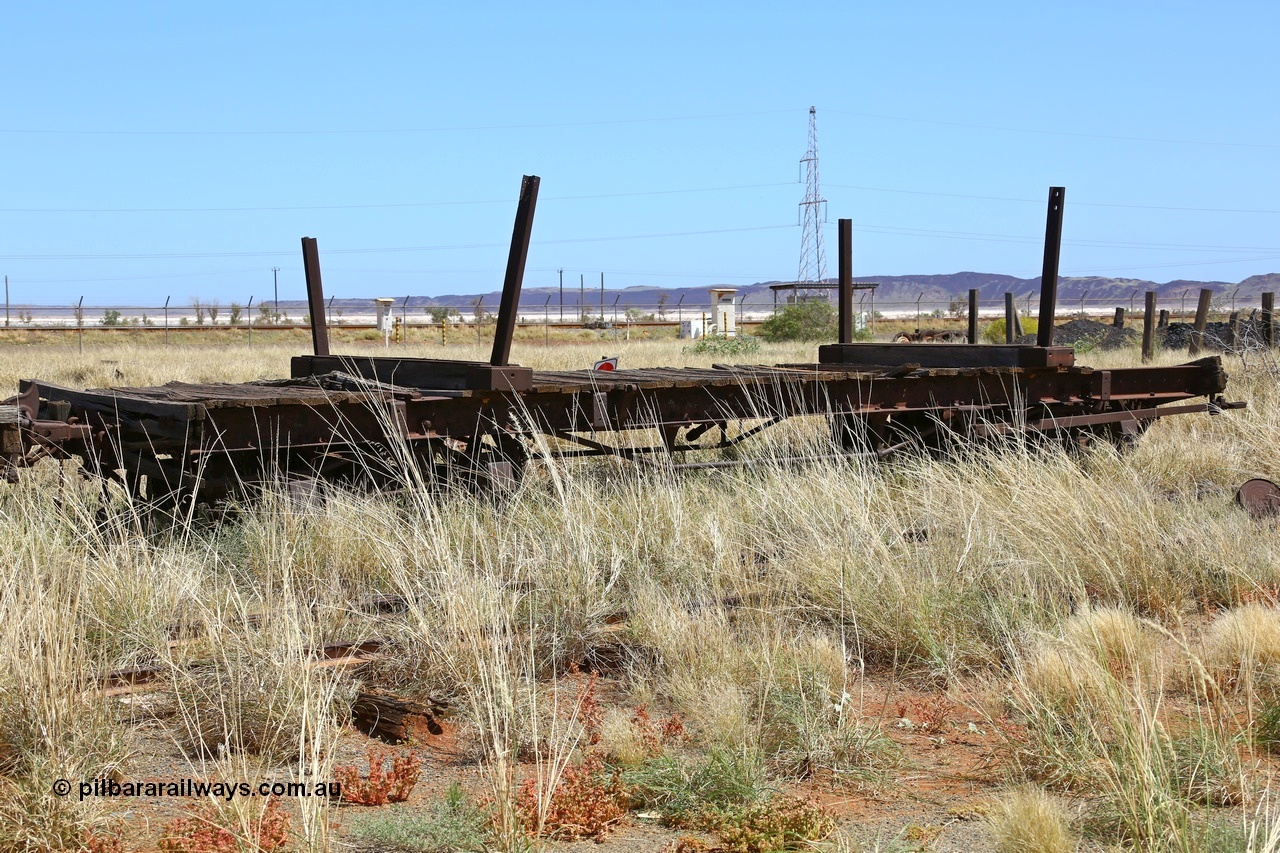 200914 7818
Pilbara Railways Historical Society, wooden decked steel frame bogie waggon from the Point Samson PWD, the lever on the right bogie is the hand or foot brake. 14th September 2020.

