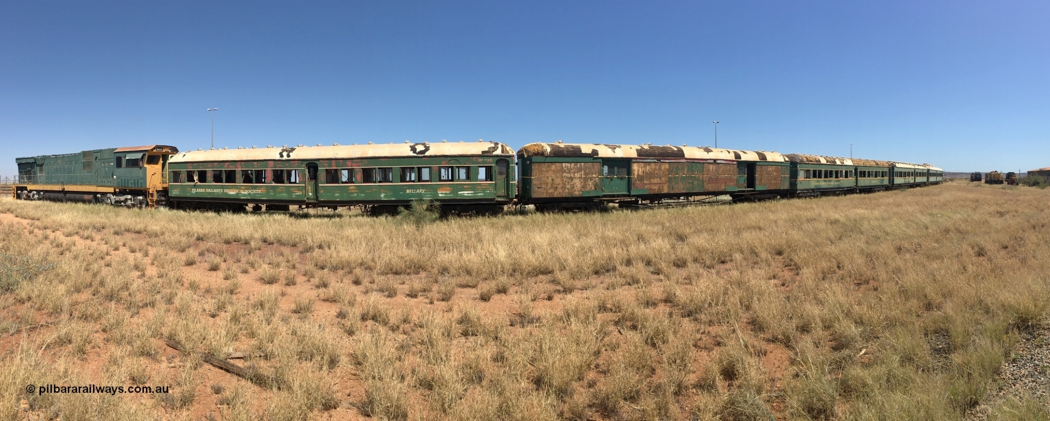 200914 iPhone IMG 8831
Pilbara Railways Historical Society, in this panorama image you can see from the left 3017 a Comeng WA ALCo rebuild C636R locomotive serial WA-135-C-6043-04. The improved Pilbara cab was fitted as part of the rebuild in April 1985 and the former NSWGR bogie passenger carriages. 14th September 2020.

