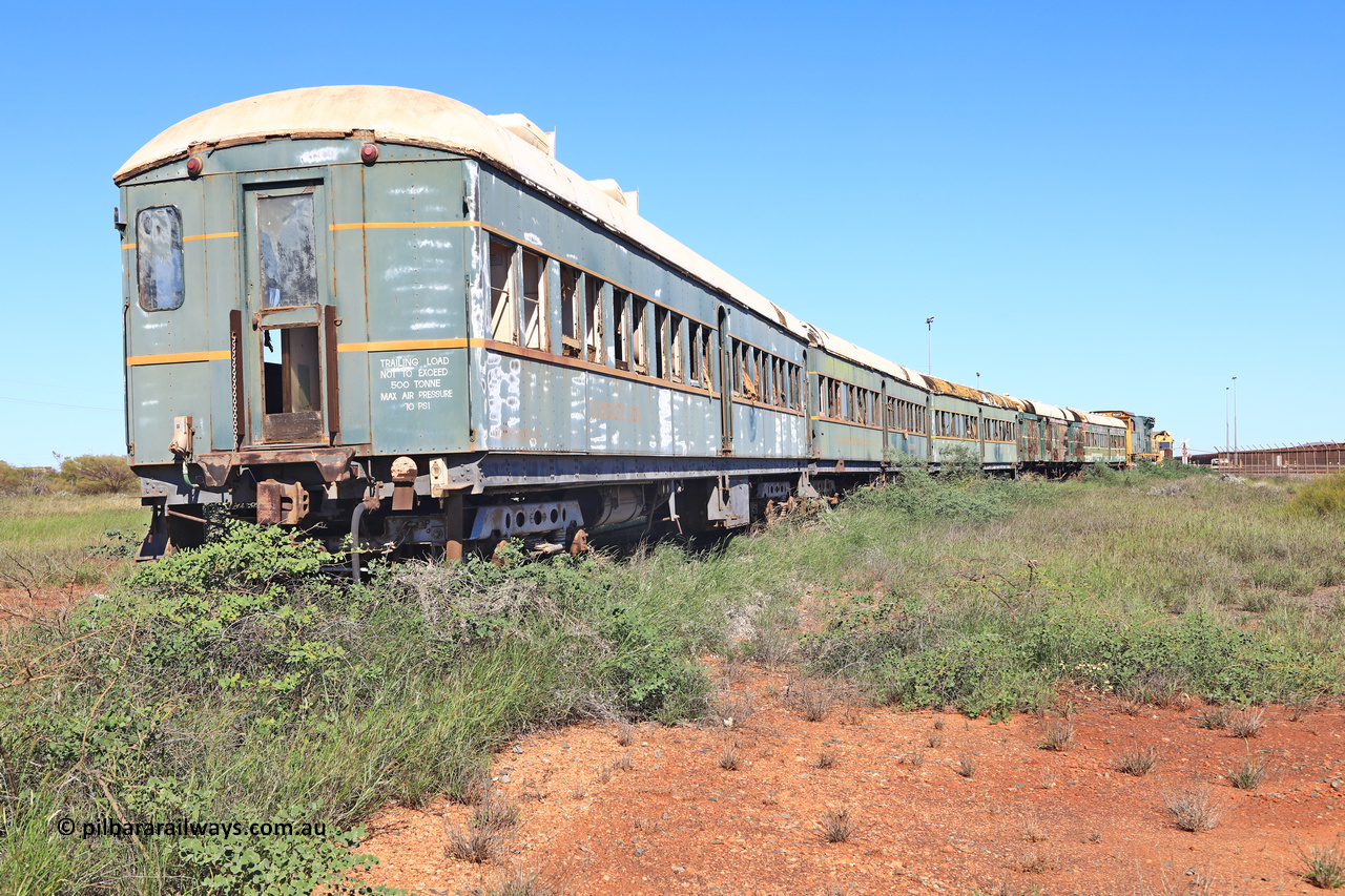 240701 2726
Pilbara Railways Historical Society, view along the passenger carriages, closest is the 'Conference Car' with SV 4 still visible, originally built by Clyde Engineering at Granville NSW in 1935 for the NSWGR as a second class railway carriage FS type FS 2010. In 1975 it was purchased by Hamersley Iron and converted to an inspection vehicle SV 4. When donated to the Society it was repurposed as a conference car. July 1, 2024.
Keywords: FS2010;FS-type;Clyde-Engineering-Granville-NSW;