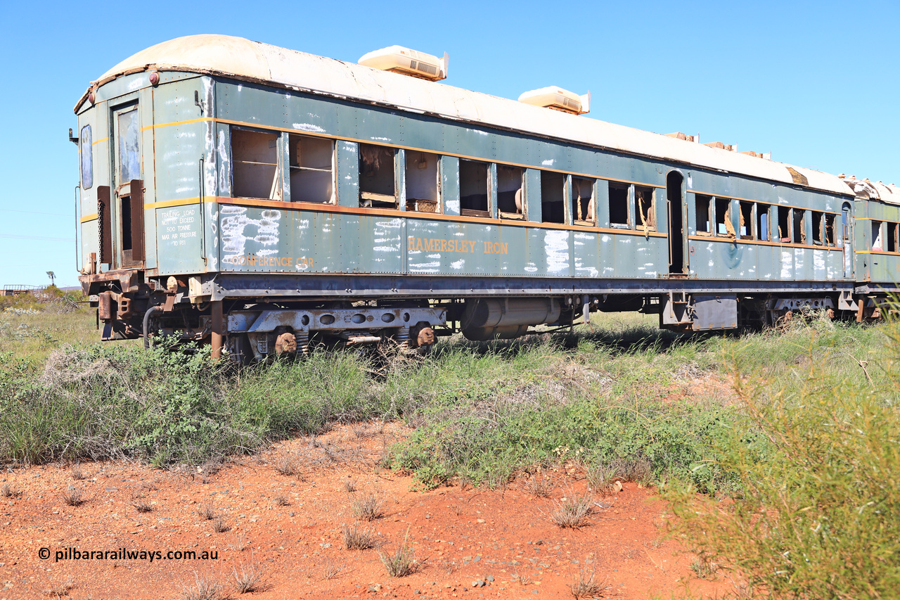240701 2727
Pilbara Railways Historical Society, passenger carriage 'Conference Car' originally built by Clyde Engineering at Granville NSW in 1935 for the NSWGR as a second class railway carriage FS type FS 2010. In 1975 it was purchased by Hamersley Iron and converted to an inspection vehicle SV 4. When donated to the Society it was repurposed as a conference car. July1, 2024.
Keywords: FS2010;FS-type;Clyde-Engineering-Granville-NSW;
