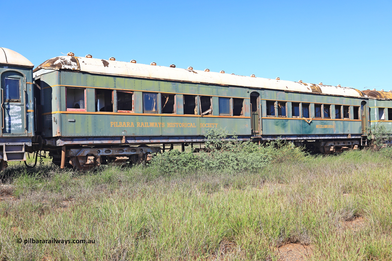 240701 2728
Pilbara Railways Historical Society, passenger carriage 'Weelumurra' was originally built by Clyde Engineering at Granville NSW in 1936 for the NSWGR as a second class railway carriage FS type FS 2138. In 1975 it was purchased by the Society and is named after a local river. July 1, 2024.
Keywords: FS2138;FS-type;Clyde-Engineering-Granville-NSW;