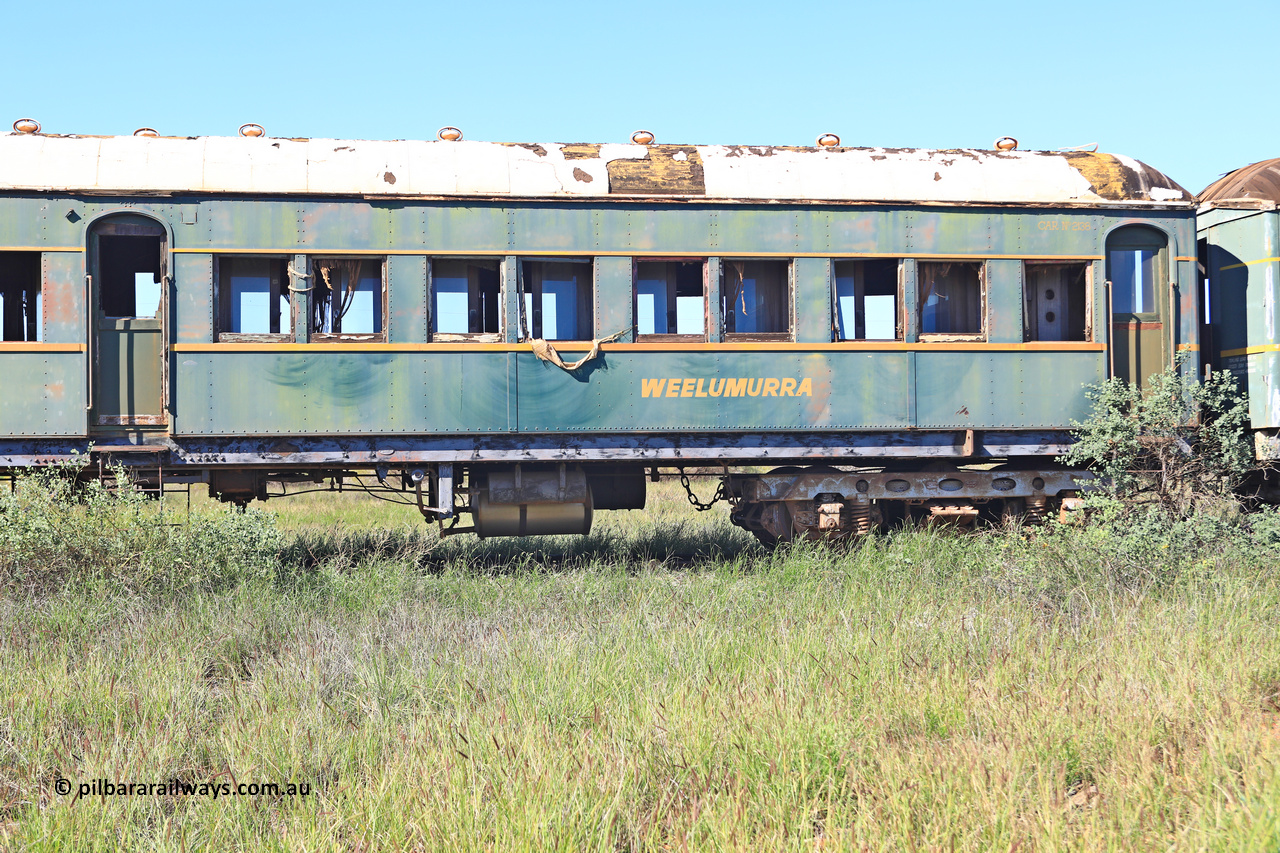 240701 2729
Pilbara Railways Historical Society, passenger carriage 'Weelumurra' was originally built by Clyde Engineering at Granville NSW in 1936 for the NSWGR as a second class railway carriage FS type FS 2138. In 1975 it was purchased by the Society and is named after a local river. July 1, 2024.
Keywords: FS2138;FS-type;Clyde-Engineering-Granville-NSW;
