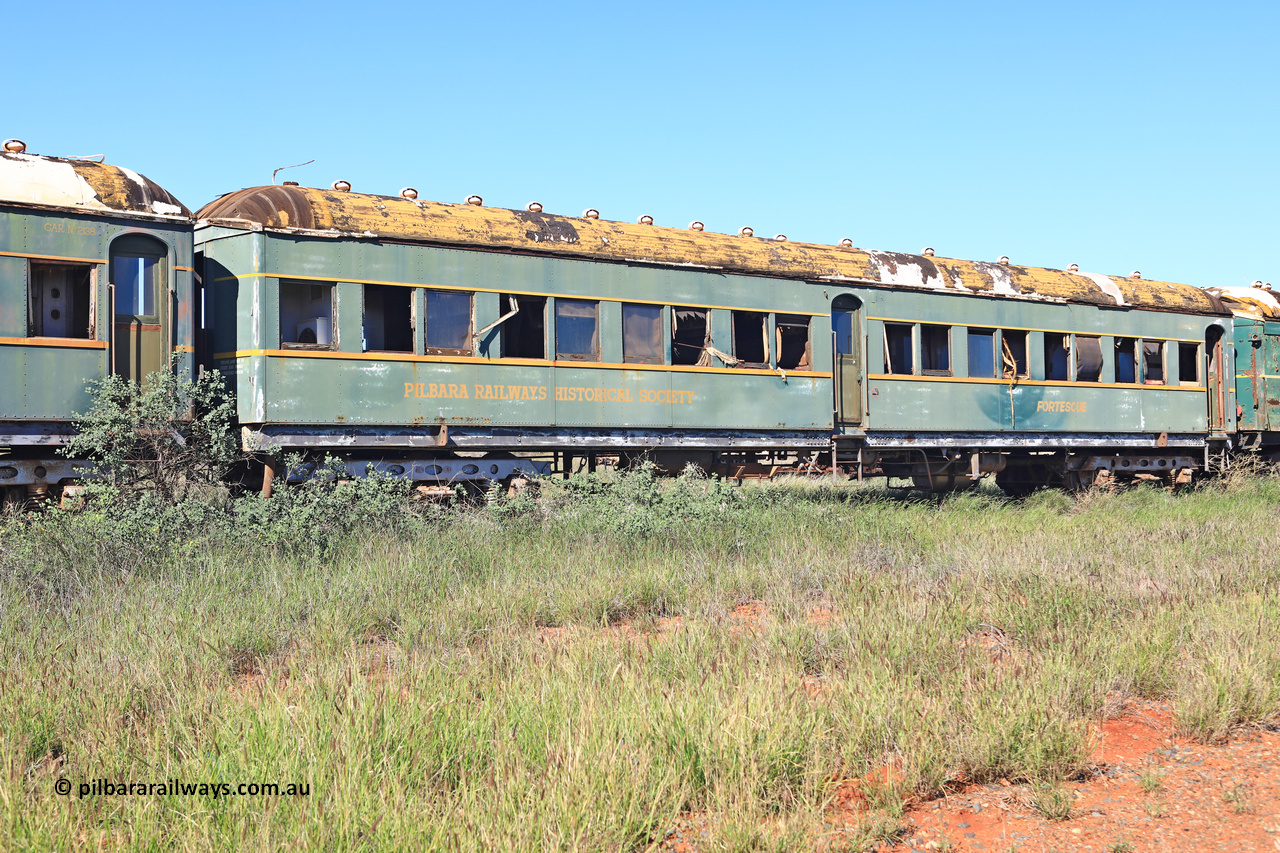 240701 2730
Pilbara Railways Historical Society, passenger carriage 'Fortescue' was originally built by Clyde Engineering at Granville NSW in 1936 for the NSWGR as a second class railway carriage FS type FS 2141. In 1975 it was purchased by the Society and is named after a local river. July 1, 2024.
Keywords: FS2141;FS-type;Clyde-Engineering-Granville-NSW;