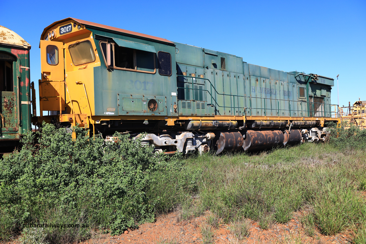 240701 2734
Pilbara Railways Historical Society, Comeng WA ALCo rebuild C636R locomotive 3017 serial WA-135-C-6043-04. The improved Pilbara cab was fitted as part of the rebuild in April 1985. Donated to Society in 1996. July 1, 2024.
Keywords: 3017;Comeng-WA;ALCo;C636R;WA-135-C-6043-04;rebuild;