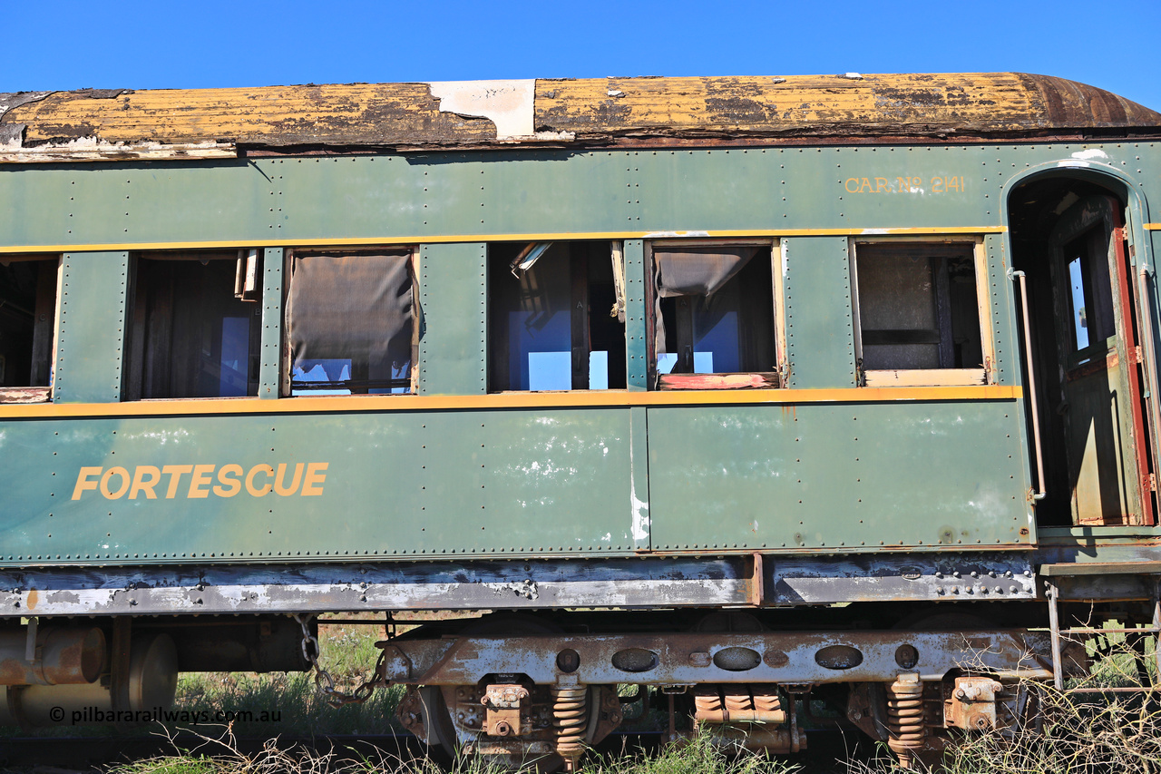 240701 2746
Pilbara Railways Historical Society, passenger carriage 'Fortescue' was originally built by Clyde Engineering at Granville NSW in 1936 for the NSWGR as a second class railway carriage FS type FS 2141. In 1975 it was purchased by the Society and is named after a local river. July 1, 2024.
Keywords: FS2141;FS-type;Clyde-Engineering-Granville-NSW;