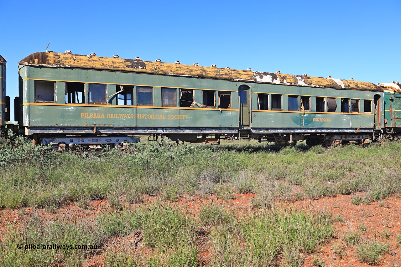 240701 2749
Pilbara Railways Historical Society, passenger carriage 'Fortescue' was originally built by Clyde Engineering at Granville NSW in 1936 for the NSWGR as a second class railway carriage FS type FS 2141. In 1975 it was purchased by the Society and is named after a local river. July 1, 2024.
Keywords: FS2141;FS-type;Clyde-Engineering-Granville-NSW;