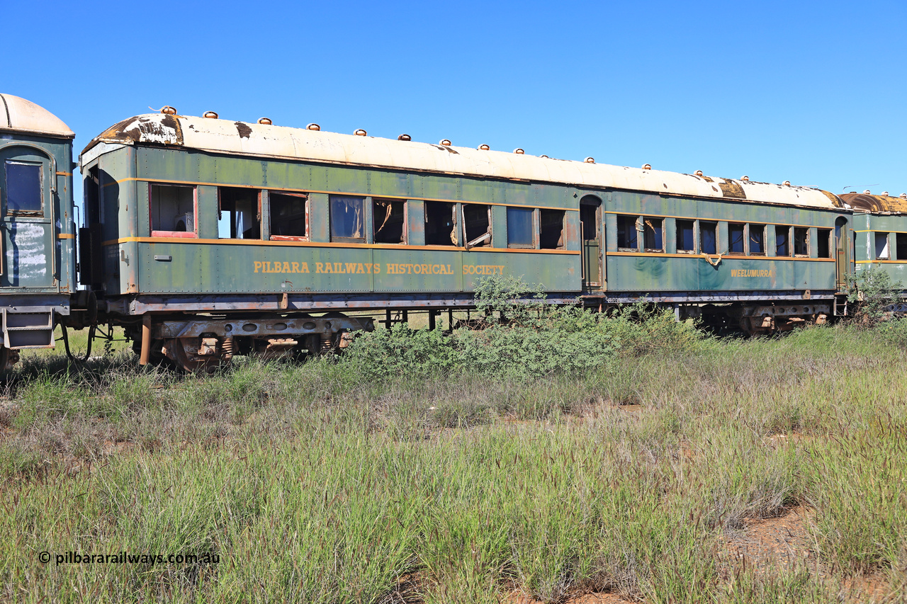 240701 2750
Pilbara Railways Historical Society, passenger carriage 'Weelumurra' was originally built by Clyde Engineering at Granville NSW in 1936 for the NSWGR as a second class railway carriage FS type FS 2138. In 1975 it was purchased by the Society and is named after a local river. July 1, 2024.
Keywords: FS2138;FS-type;Clyde-Engineering-Granville-NSW;