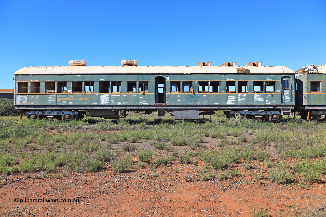 240701 2751
Pilbara Railways Historical Society, passenger carriage 'Conference Car' originally built by Clyde Engineering at Granville NSW in 1935 for the NSWGR as a second class railway carriage FS type FS 2010. In 1975 it was purchased by Hamersley Iron and converted to an inspection vehicle SV 4. When donated to the Society it was repurposed as a conference car. July1, 2024.
Keywords: FS2010;FS-type;Clyde-Engineering-Granville-NSW;