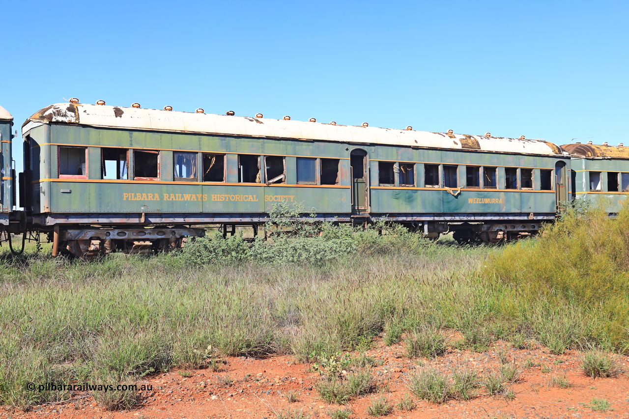 240701 2752
Pilbara Railways Historical Society, passenger carriage 'Weelumurra' was originally built by Clyde Engineering at Granville NSW in 1936 for the NSWGR as a second class railway carriage FS type FS 2138. In 1975 it was purchased by the Society and is named after a local river. July 1, 2024.
Keywords: FS2138;FS-type;Clyde-Engineering-Granville-NSW;