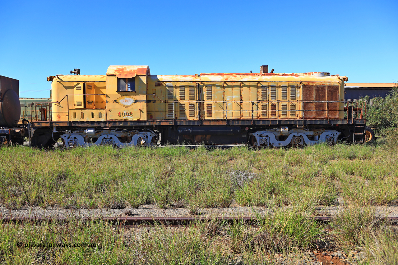 240701 2759
Pilbara Railways Historical Society museum, former Cliffs Robe River Iron Associates RSC-3 model ALCo locomotive built by Montreal Locomotive Works (MLW) in 1951 for NSWGR as the 40 class 4002 serial 77733, purchased by CRRIA in 1971 and numbered 261.002, then 1705 and finally 9405. 4002 is preserved in an operational state and another claim to fame is it run the Royal Train in NSW February 1954. Donated to the Society in 1979. July 1, 2024.
Keywords: 4002;MLW;ALCo;RSC3;77733;9405;40-class;