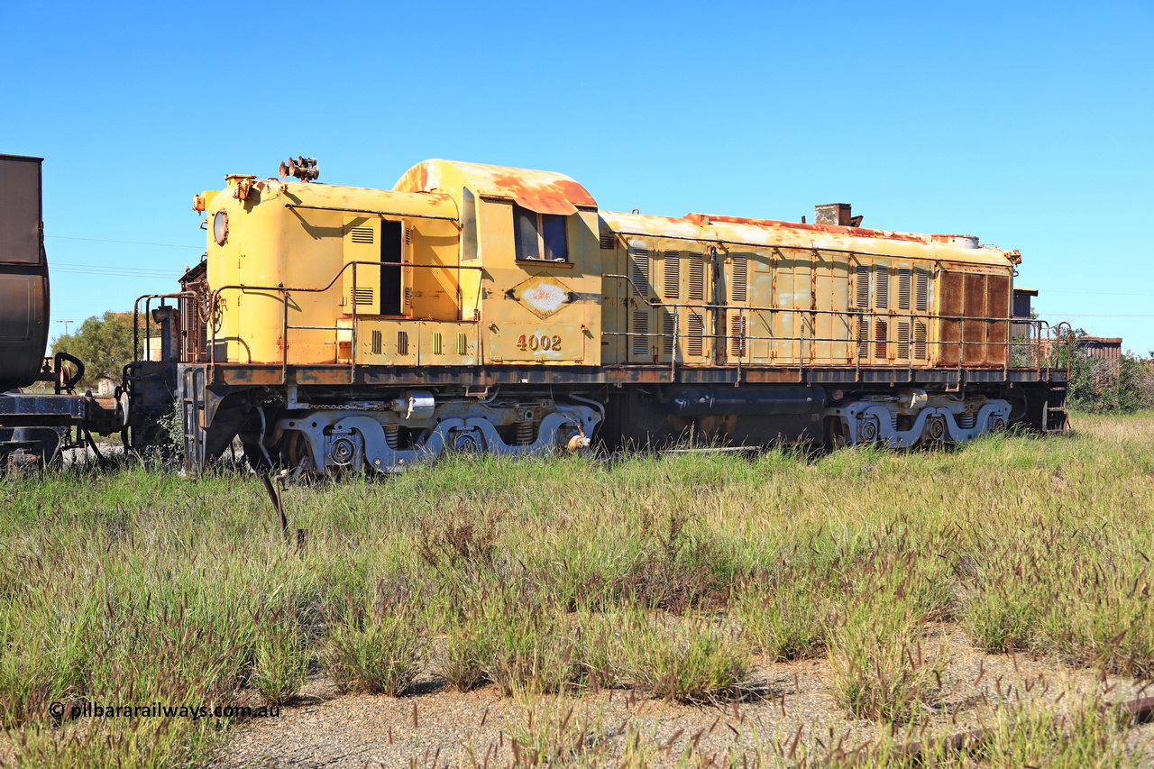 240701 2761
Pilbara Railways Historical Society museum, former Cliffs Robe River Iron Associates RSC-3 model ALCo locomotive built by Montreal Locomotive Works (MLW) in 1951 for NSWGR as the 40 class 4002 serial 77733, purchased by CRRIA in 1971 and numbered 261.002, then 1705 and finally 9405. 4002 is preserved in an operational state and another claim to fame is it run the Royal Train in NSW February 1954. Donated to the Society in 1979. July 1, 2024.
Keywords: 4002;MLW;ALCo;RSC3;77733;9405;40-class;