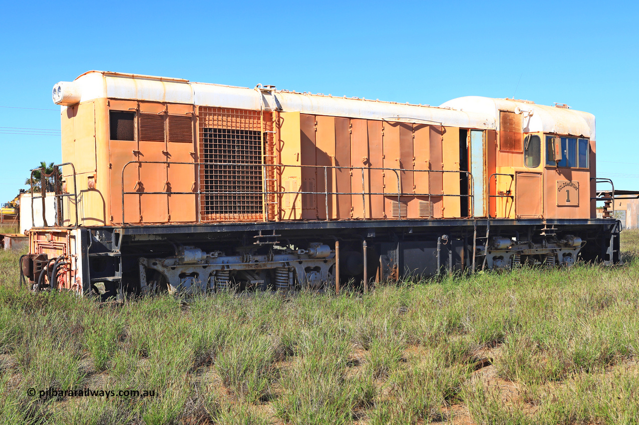 240701 2776
Pilbara Railways Historical Society, Goldsworthy Mining Ltd B class unit 1, an English Electric built ST95B model, originally built in 1965 serial A-104, due to accident damage rebuilt on new frame with serial A-232 in 1970. These units of Bo-Bo design with a 6CSRKT 640 kW prime mover and built at the Rocklea Qld plant. Donated to Society in 1995. 
Keywords: B-class;English-Electric-Qld;ST95B;A-104;A-232;GML;Goldsworthy-Mining;