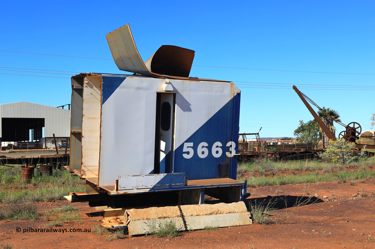 240701 2793
Pilbara Railways Historical Society, removed Locotrol cab from Goninan CM40-8ML ALCo to GE rebuild unit 5663 serial 8412-08/94-154, this unit along with the two sister cab-less units all ended up having normal driving cabs retro-fitted around 1996-97. Of note is the builders plate has now been stolen. July 1, 2024.
