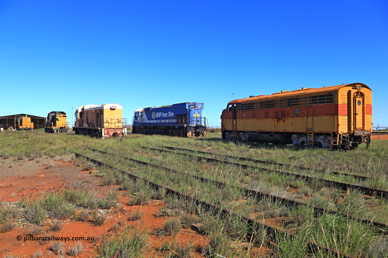 240701 2795
Pilbara Railways Historical Society, from left, the ALCo S2 Hamersley Iron 007 'Mabel', ALCo C415 demonstrator Hamersley Iron 1000, English Electric ST95B Goldsworthy Mining 1, ALCo M636 BHP 5502 and EMD F7A Mt Newman Mining 5450. July 1, 2024.
