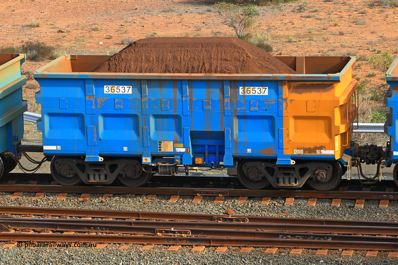 240619 0353
Cape Lambert yard, one of Rio Tinto's blue rakes with spring assisted park brake and only electronic controlled pneumatic [ECP] braking, 36537 is a slave waggon built by China Northen as a Q type in 12/2022. Captured on June 19, 2024.
Keywords: 36537;Q-type;China-Northern;Rio-ore-waggon;