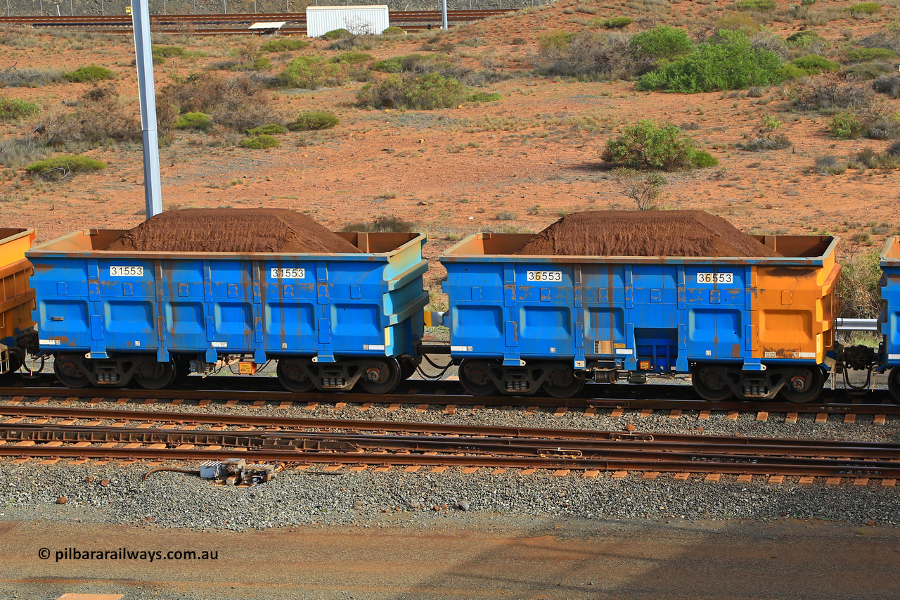 240619 0359
Cape Lambert yard, one of Rio Tinto's blue rakes with spring assisted park brake and only electronic controlled pneumatic [ECP] braking, waggon pair 31553 is a master and is bar coupled to slave waggon 36553 built by China Northen as a Q type in 12/2022. Captured on June 19, 2024.
Keywords: 31553;36553;Q-type;China-Northern;Rio-ore-waggon;