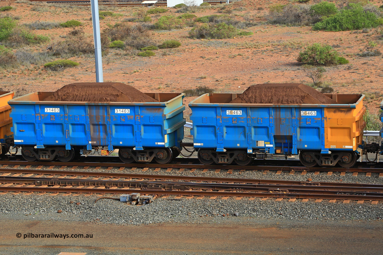 240619 0373
Cape Lambert yard, one of Rio Tinto's blue rakes with spring assisted park brake and only electronic controlled pneumatic [ECP] braking, waggon pair 31463 is a master and is bar coupled to slave waggon 36463 built by China Northen as a Q type in 12/2022. Captured on June 19, 2024.
Keywords: 31463;36463;Q-type;China-Northern;Rio-ore-waggon;
