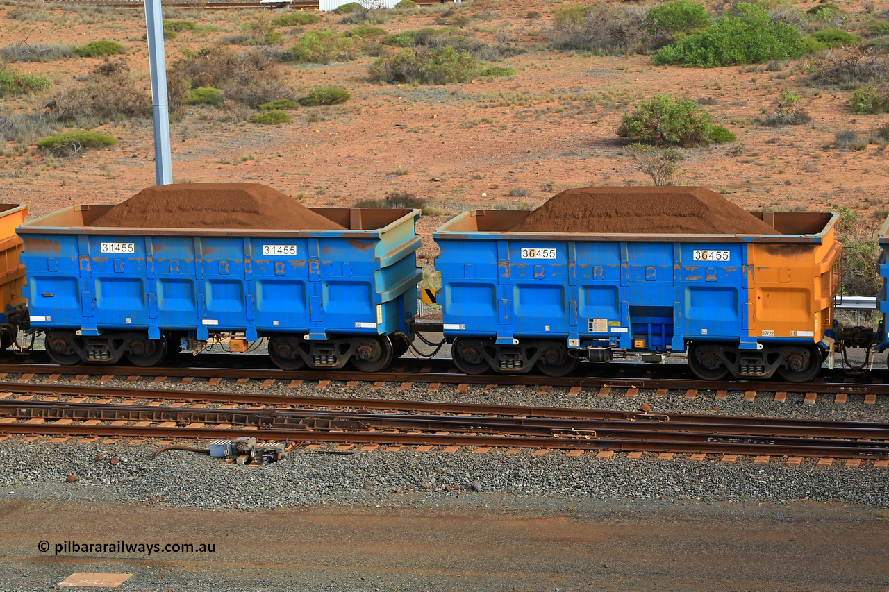 240619 0379
Cape Lambert yard, one of Rio Tinto's blue rakes with spring assisted park brake and only electronic controlled pneumatic [ECP] braking, waggon pair 31455 is a master and is bar coupled to slave waggon 36455 built by China Northen as a Q type in 12/2022. Captured on June 19, 2024.
Keywords: 31455;36455;Q-type;China-Northern;Rio-ore-waggon;