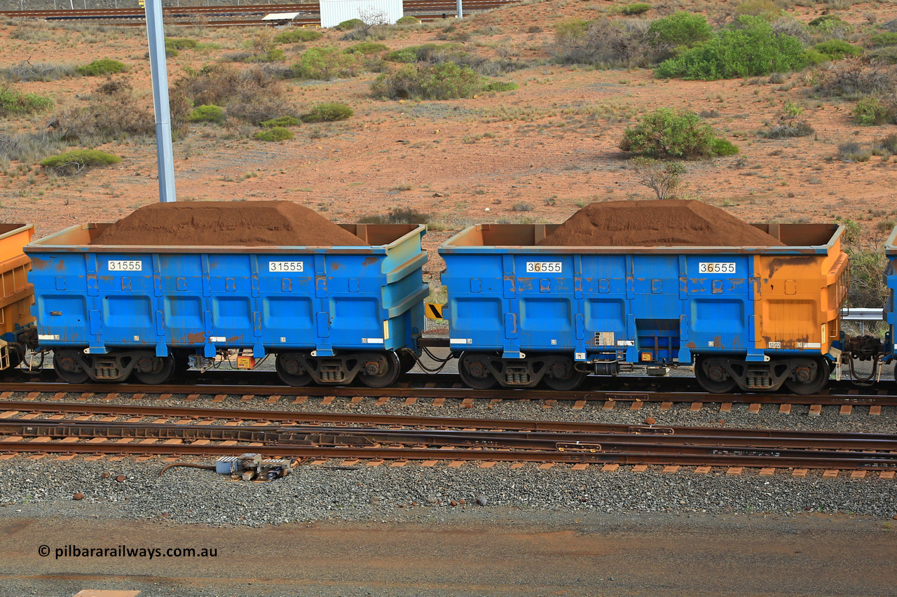 240619 0395
Cape Lambert yard, one of Rio Tinto's blue rakes with spring assisted park brake and only electronic controlled pneumatic [ECP] braking, waggon pair 31555 is a master and is bar coupled to slave waggon 36555 built by China Northen as a Q type in 12/2022. Captured on June 19, 2024.
Keywords: 31555;36555;Q-type;China-Northern;Rio-ore-waggon;