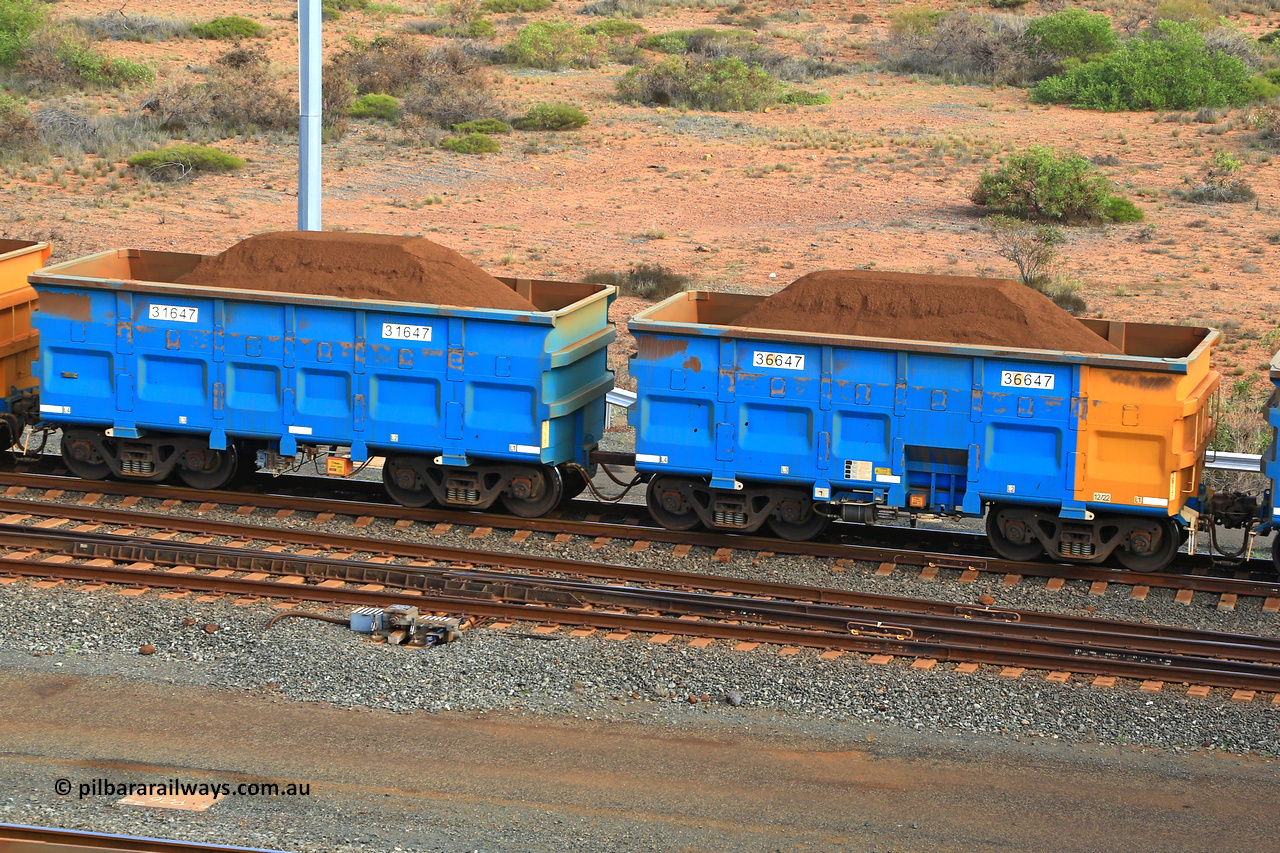 240619 0413
Cape Lambert yard, one of Rio Tinto's blue rakes with spring assisted park brake and only electronic controlled pneumatic [ECP] braking, waggon pair 31647 is a master and is bar coupled to slave waggon 36647 built by China Northen as a Q type in 12/2022. Captured on June 19, 2024.
Keywords: 31647;36647;Q-type;China-Northern;Rio-ore-waggon;