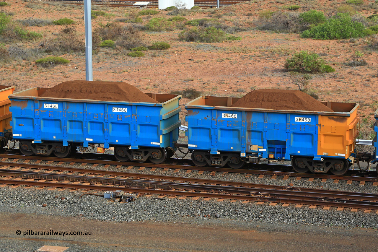 240619 0426
Cape Lambert yard, one of Rio Tinto's blue rakes with spring assisted park brake and only electronic controlled pneumatic [ECP] braking, waggon pair 31468 is a master and is bar coupled to slave waggon 36468 built by China Northen as a Q type in 12/2022. Captured on June 19, 2024.
Keywords: 31468;36468;Q-type;China-Northern;Rio-ore-waggon;
