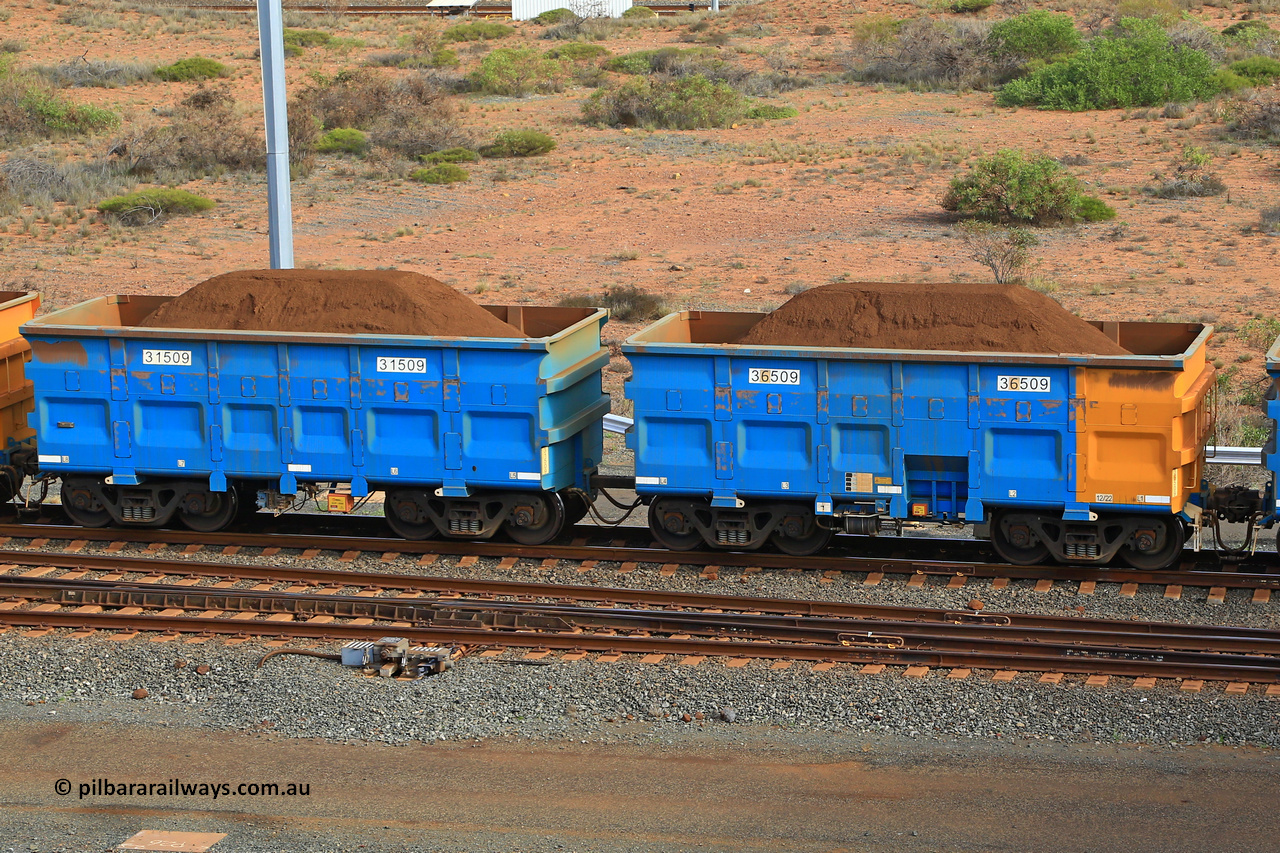 240619 0445
Cape Lambert yard, one of Rio Tinto's blue rakes with spring assisted park brake and only electronic controlled pneumatic [ECP] braking, waggon pair 31509 is a master and is bar coupled to slave waggon 36509 built by China Northen as a Q type in 12/2022. Captured on June 19, 2024.
Keywords: 31509;36509;Q-type;China-Northern;Rio-ore-waggon;