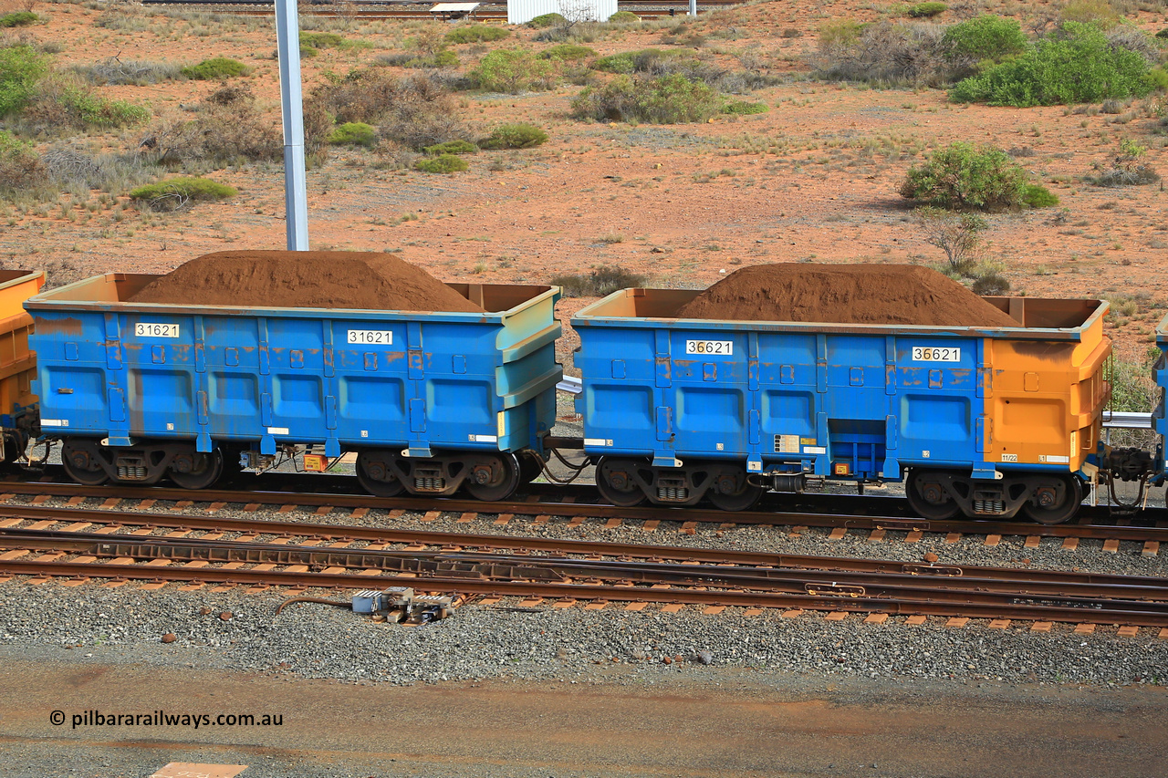 240619 0448
Cape Lambert yard, one of Rio Tinto's blue rakes with spring assisted park brake and only electronic controlled pneumatic [ECP] braking, waggon pair 31621 is a master and is bar coupled to slave waggon 36621 built by China Northen as a Q type in 11/2022. Captured on June 19, 2024.
Keywords: 31621;36621;Q-type;China-Northern;Rio-ore-waggon;