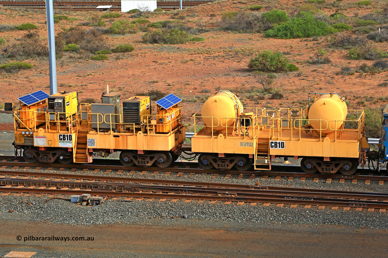 240619 0458
Cape Lambert yard, compressor waggon set number CB-10. The leading waggon has the air receivers with the control waggon trailing with the dual air compressors. Captured on June 19, 2024.
Keywords: CB-10;Rio-compressor-waggon;